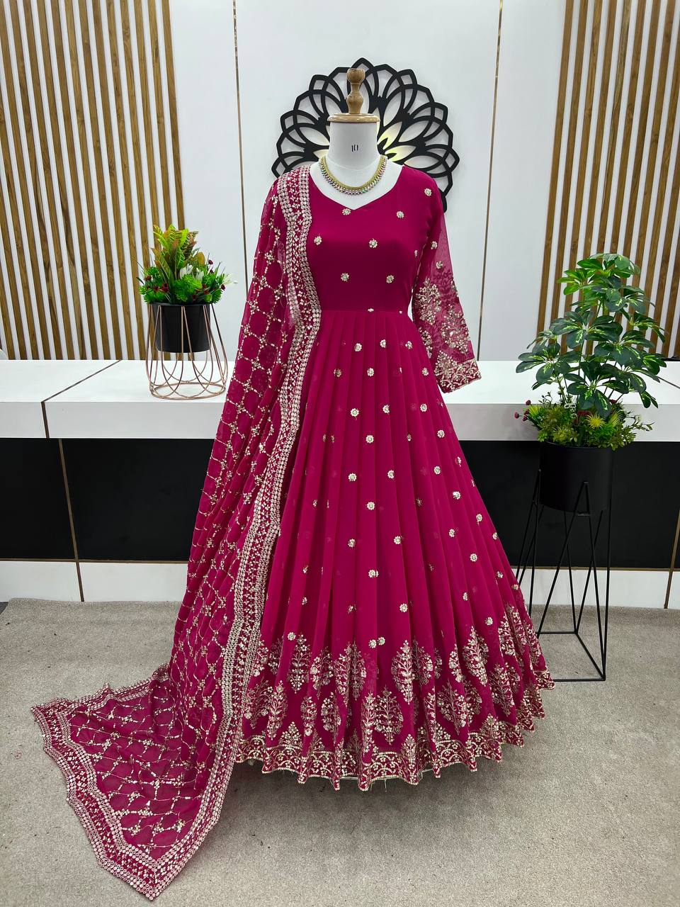 Pink Color Long Gown With Dupatta Set