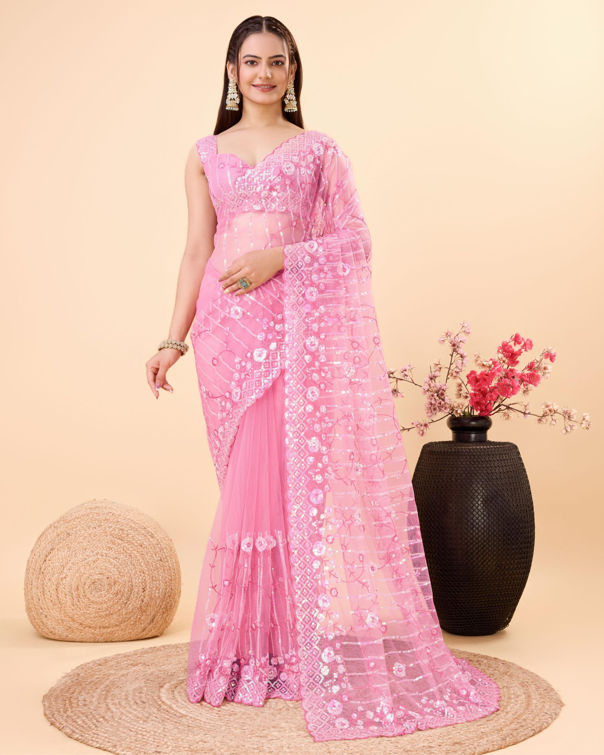 pink Color Net Embroidery Work Saree