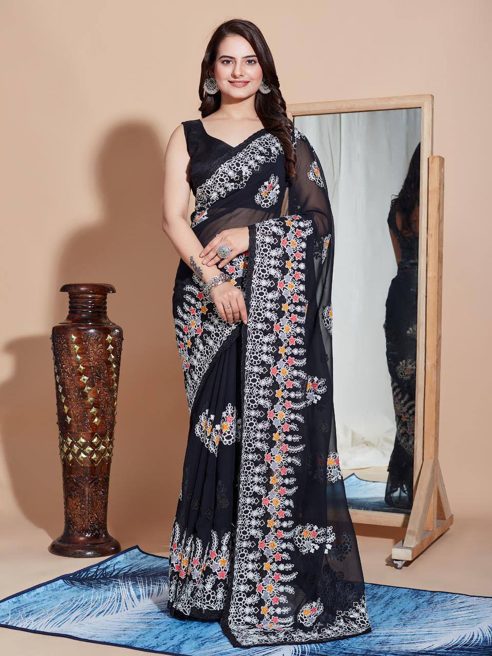 Black Color Soft Net Embroidery Work Saree