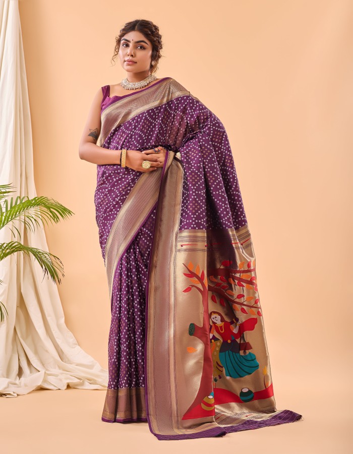Purple Bandhej Paithani Silk Saree