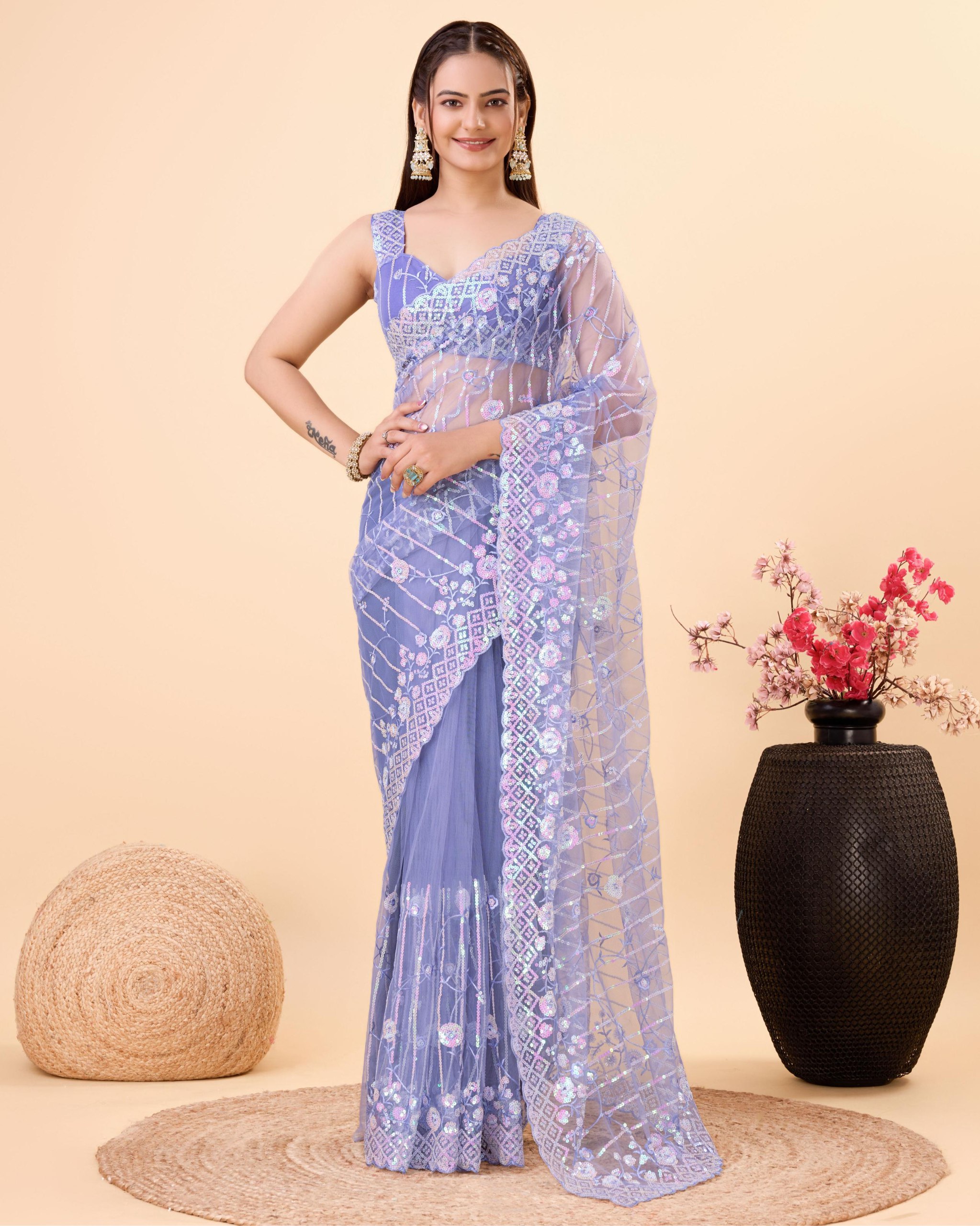 Violet Soft Net Embroidery Work Saree