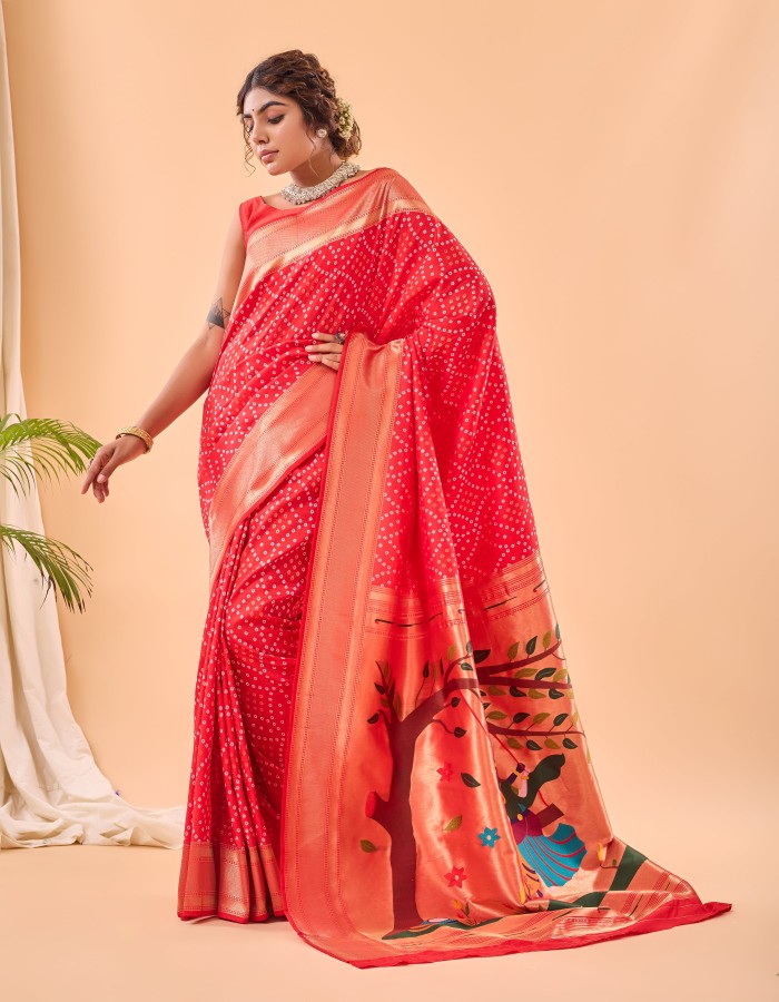 Red Color Soft Bandhej Weave Paithani Silk Saree