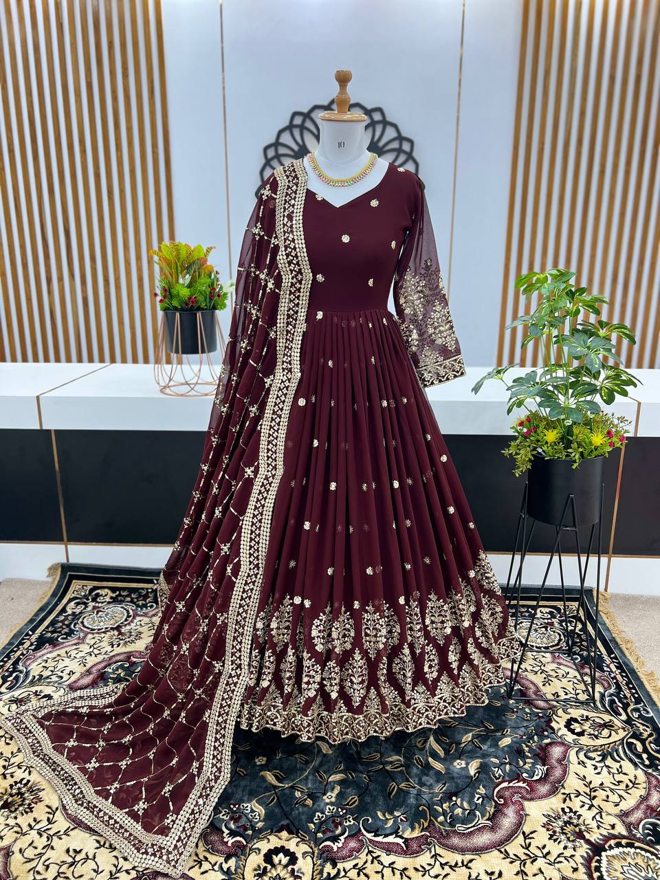 Megenta Color Long Gown Dupatta Set