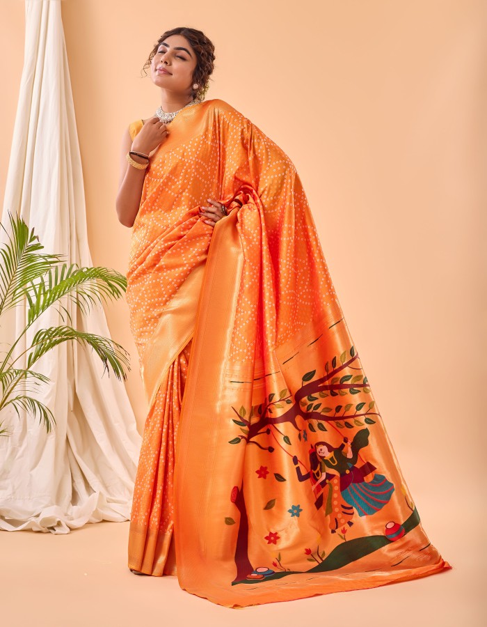 Orange Bandhani Paithani Silk Saree