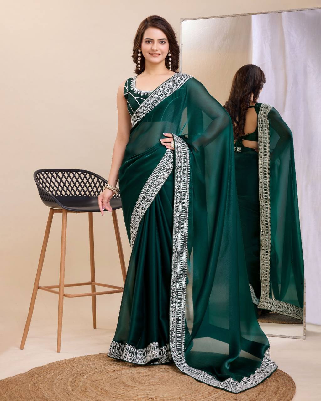 Teal Color Lace Border Embroidery Work Saree