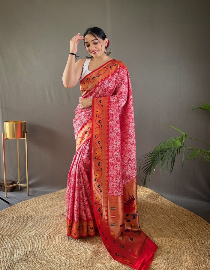 Red Paithani Silk Saree With Luckhnavi Work