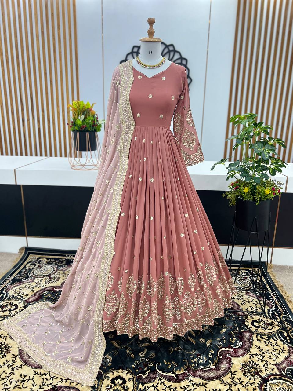 Peach Party Wear Gown with Dupatta