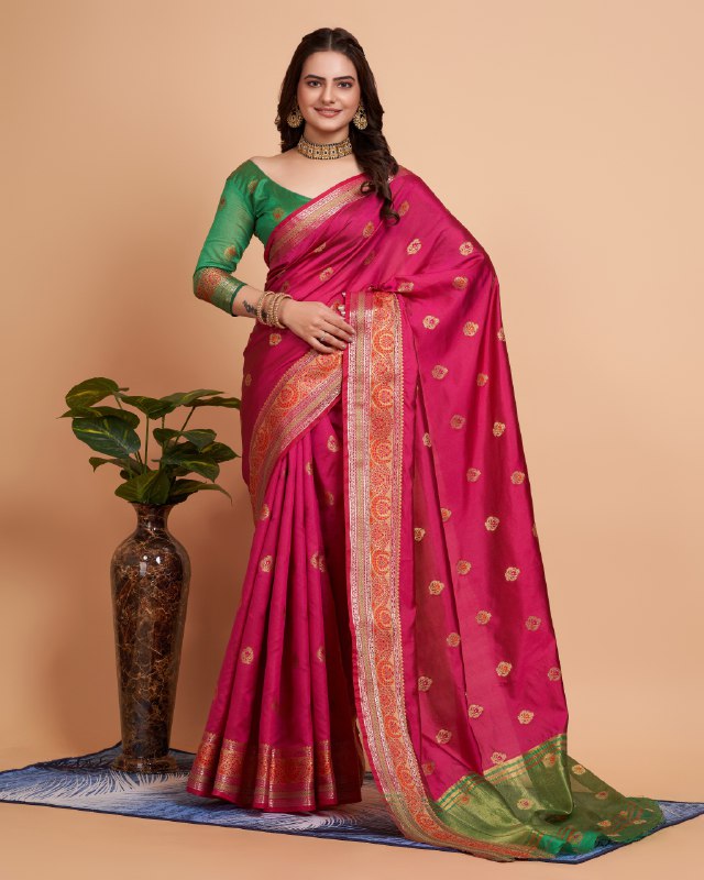 Pink With Green Banarasi Silk Saree