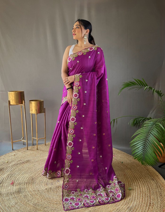 Purple Color Tussar silk embroidery work Saree
