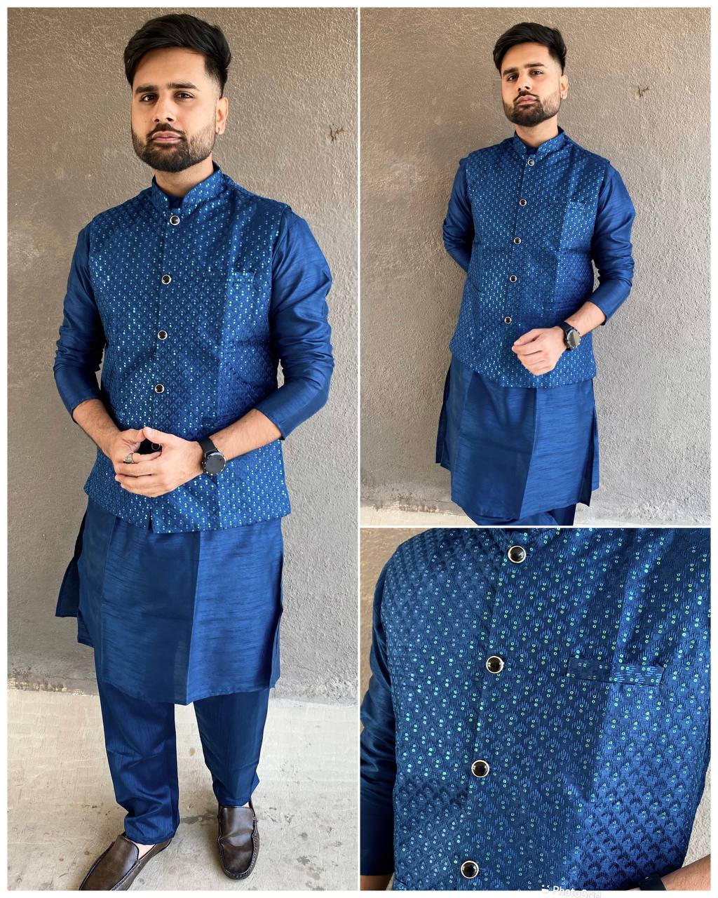 Navy Blue Men's Wear Kurta set With Koti