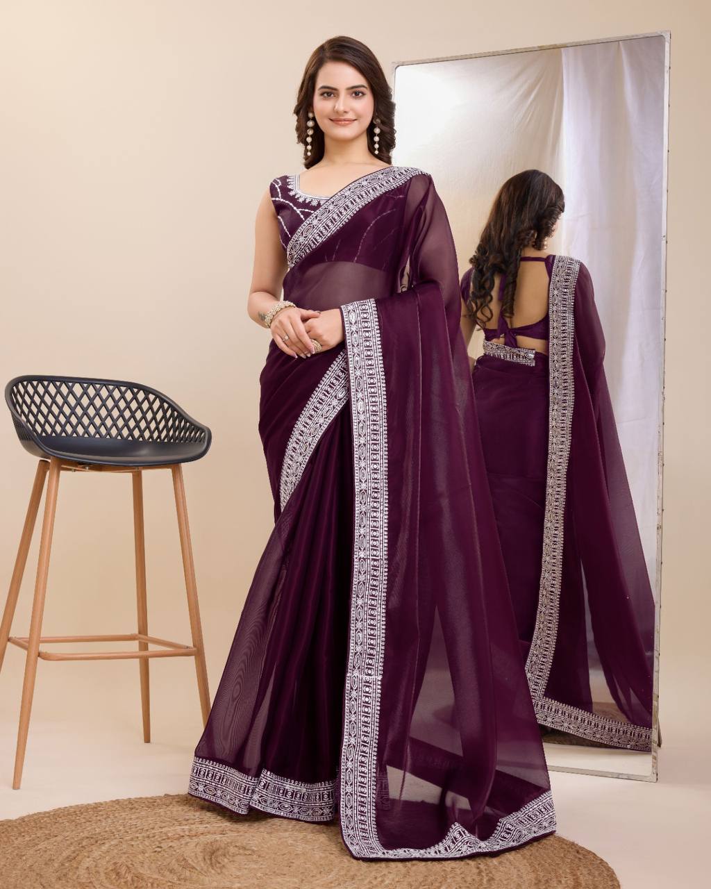 Wine Color Lace Border Embroidery Work Saree