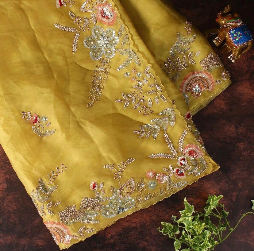 Yellow Georgette Embroidery Work Saree