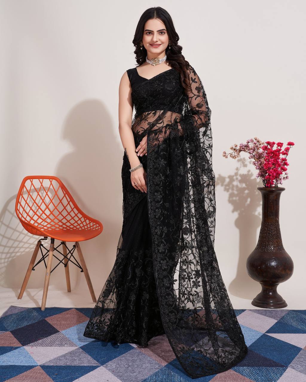 Black Color Soft Embroidery Silk Saree