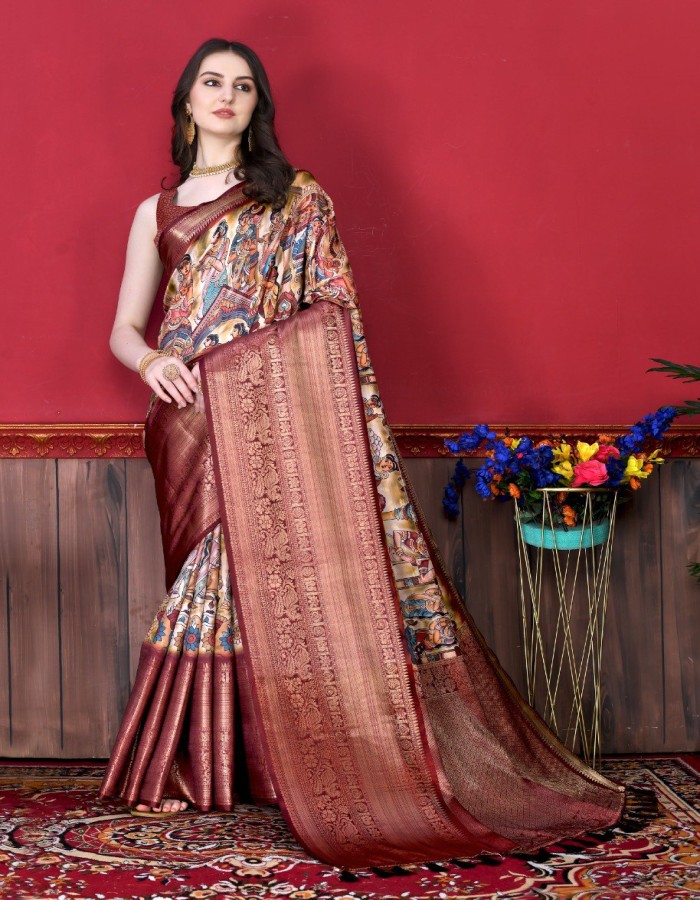 women's wear patti print saree with kalamkari design