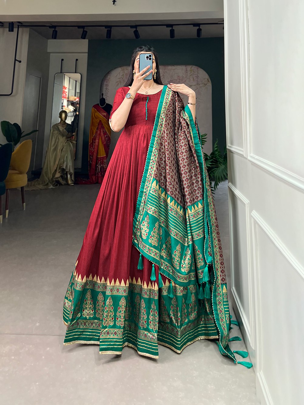 Maroon Printed Gown With Dupatta