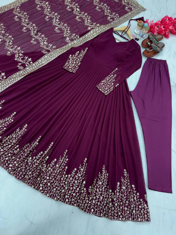 Wine Color Gown Bottom With Dupatta Set