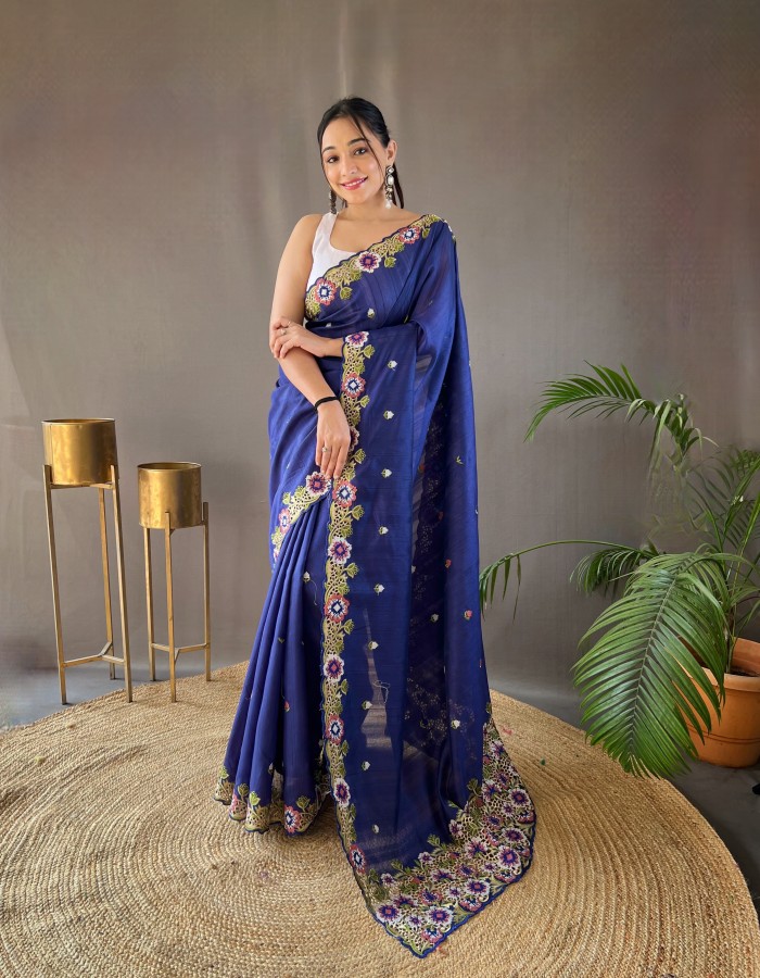 Royal Blue Embroidery Work Saree