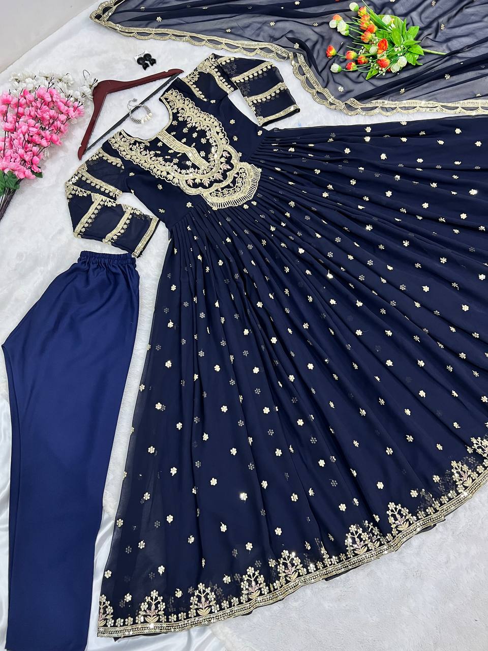 Royal Blue Embroidery Work Gown