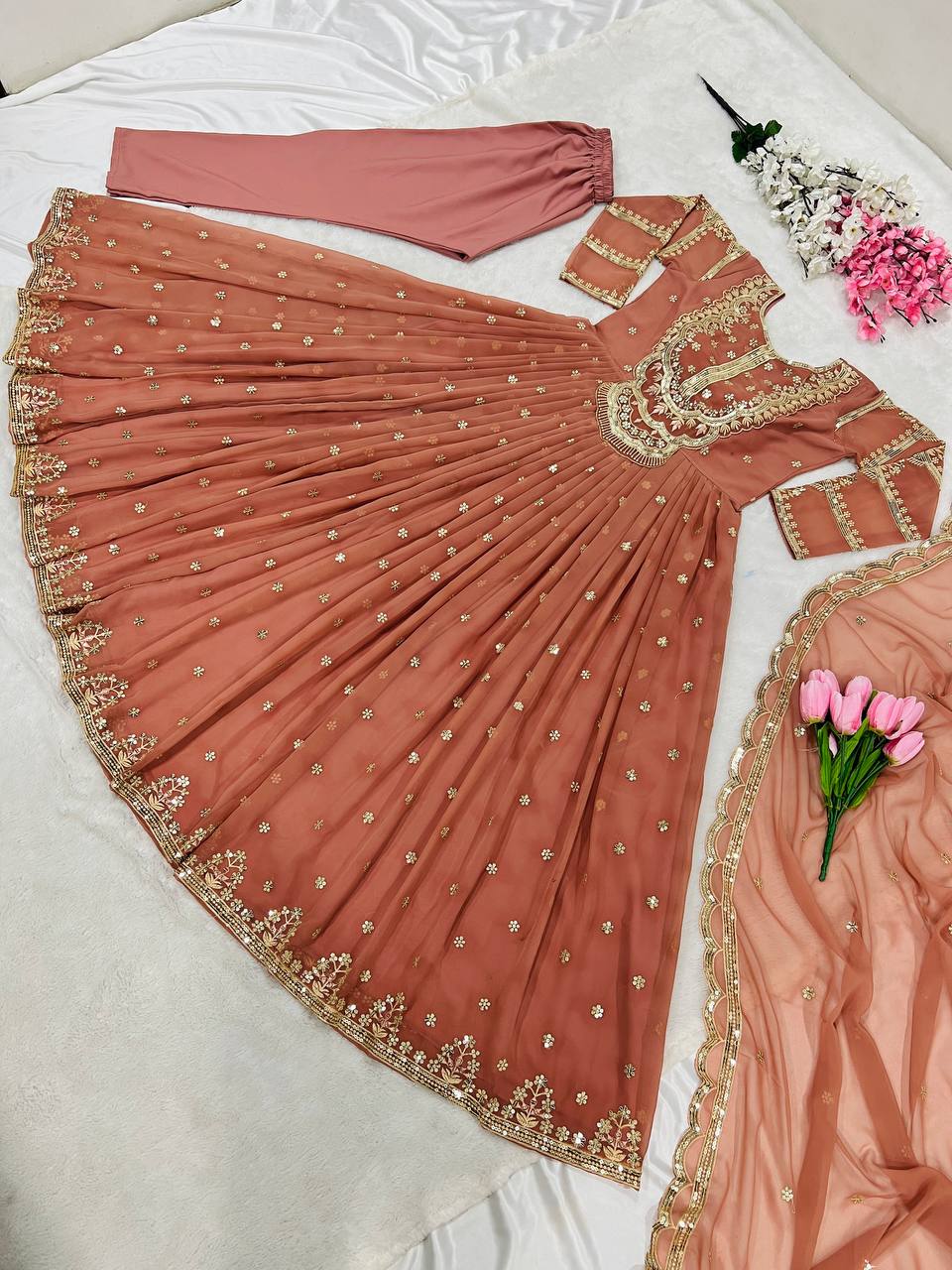 Peach Color Embroidery Gown