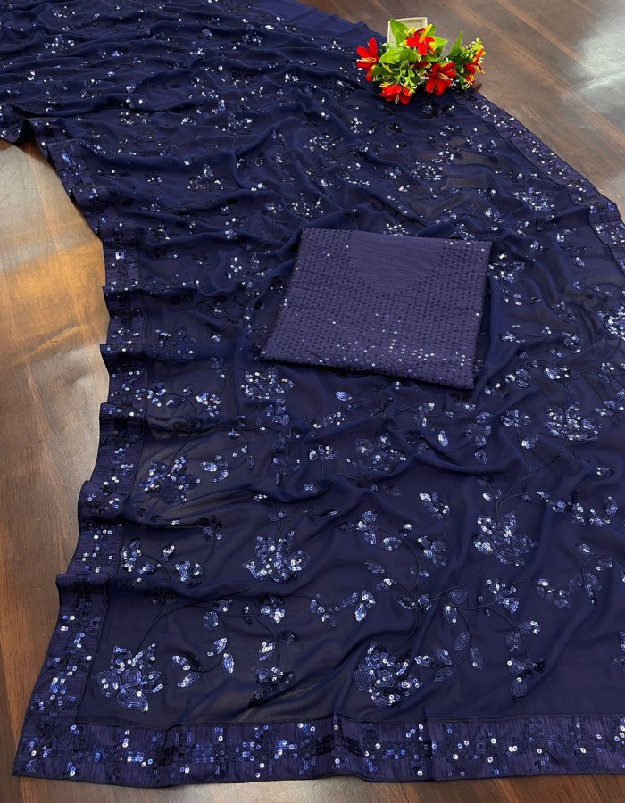 Navy Blue Color Sequence work Saree