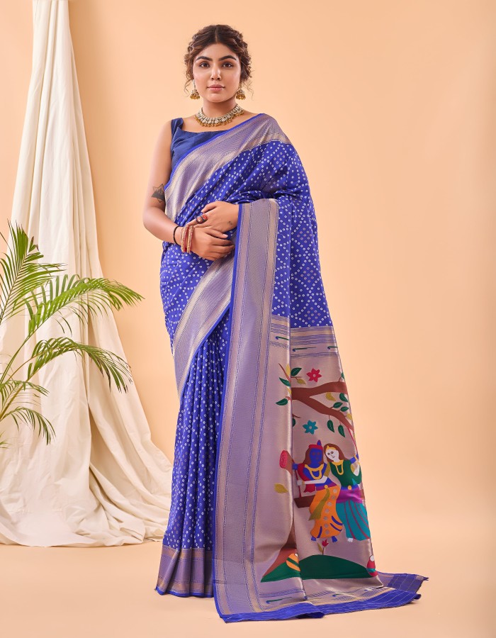 Royal Blue Color Bandhej Paithani Silk Saree