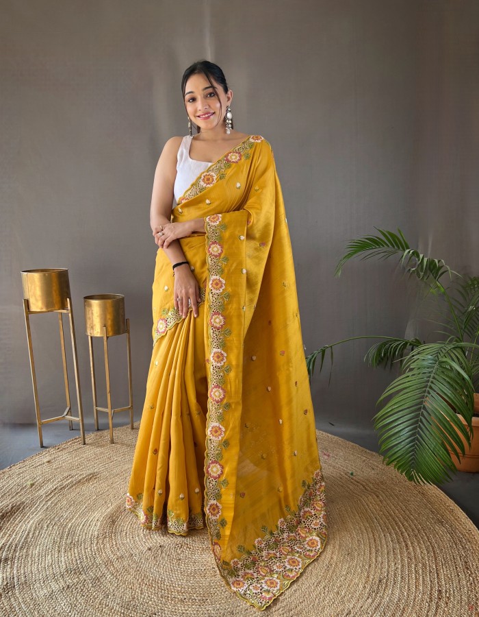 Yellow Color Embroidery Work Saree