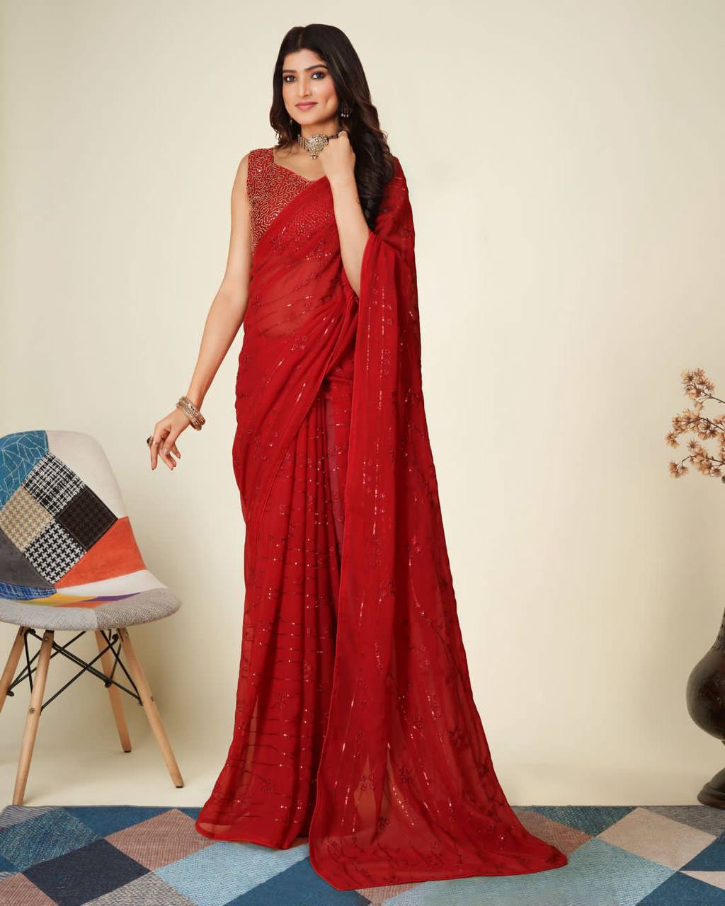 Red Color Sequence Work Saree