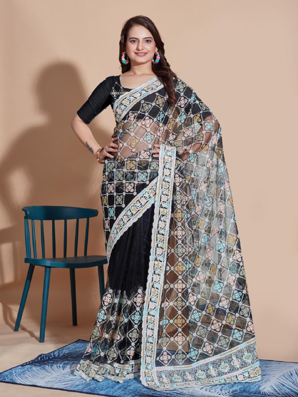 Black Color Net Embroidery Work saree