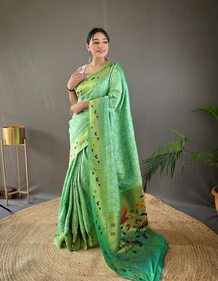 pista Green Pathnai Silk Saree With Luckhnavi Work