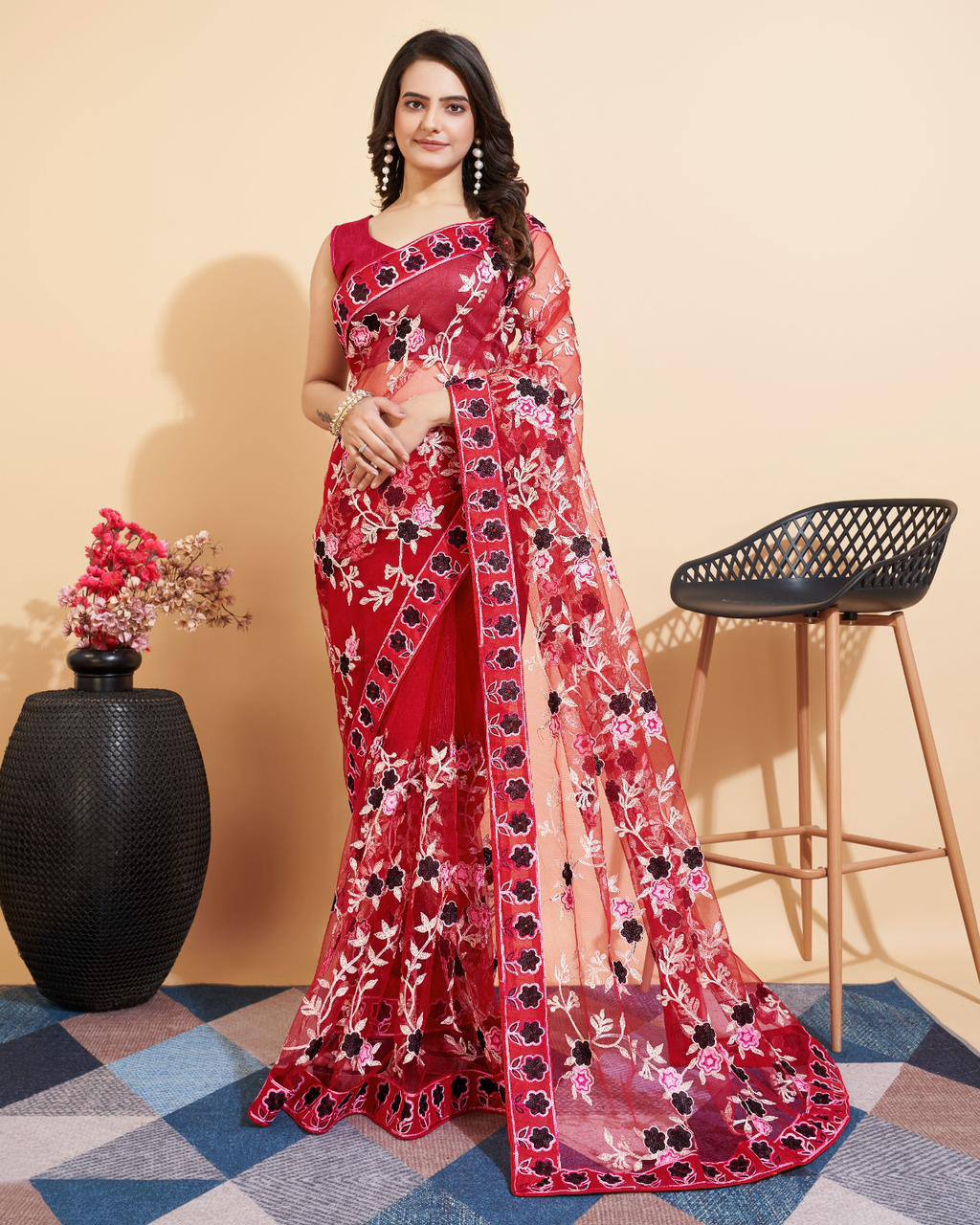 Red Color Soft Net Embroidery Work Saree