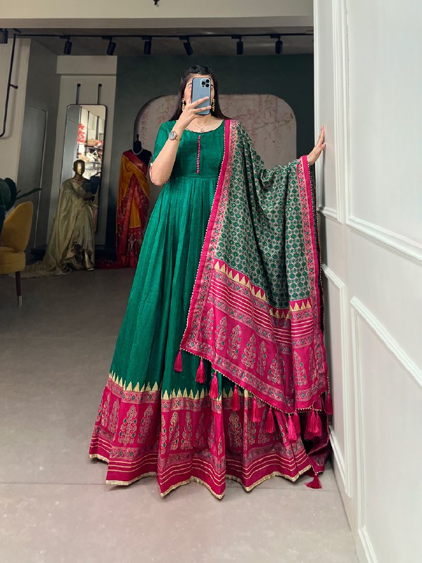 Green Long Printed Gown With Dupatta Set