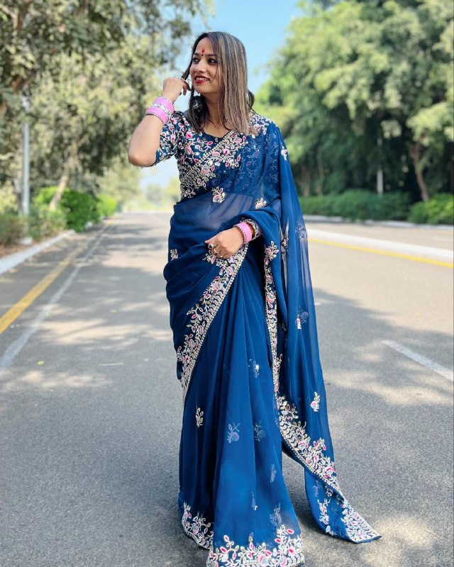 Blue Color Georgette Embroidery Work Saree