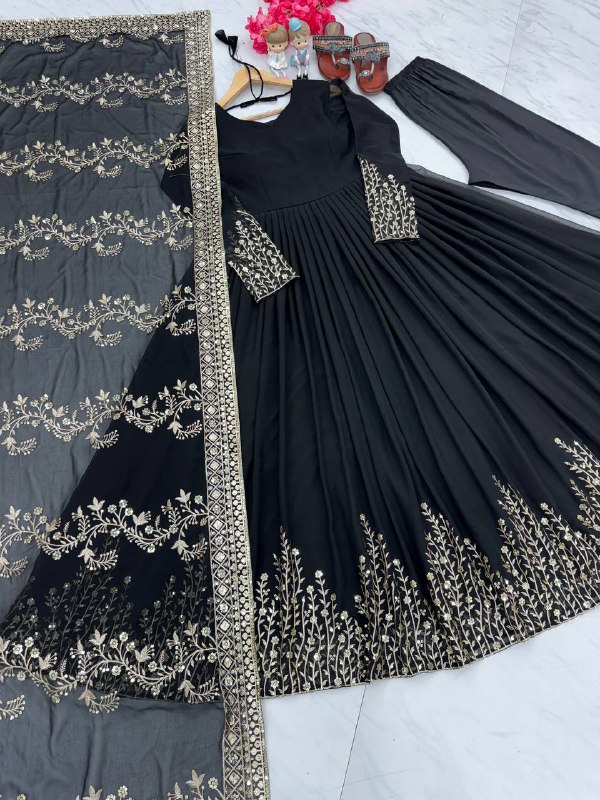 Black Color Long Gown Set With Dupatta