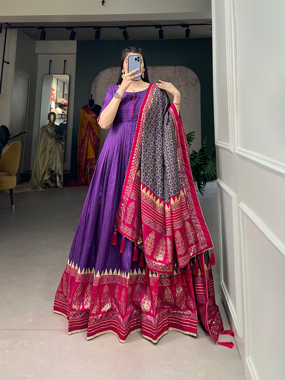 Purple Color Long Printed Gown With Dupatta
