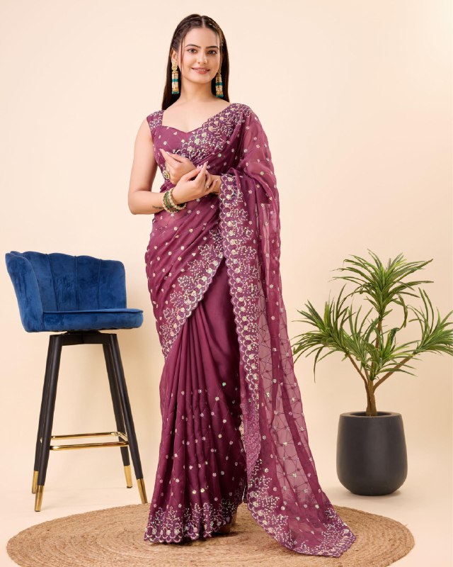 Wine Organza Embroidery Sequence Work Saree
