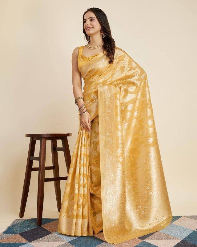 Yellow Color Cotton Weaving Silk Saree