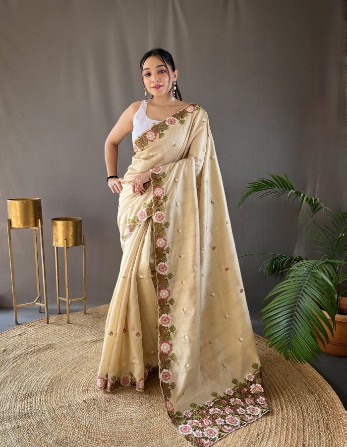 White Color Tussar Embroidery work Saree