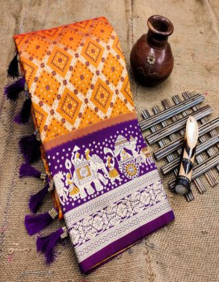 Orange Purple Kanjivaram Silk Saree