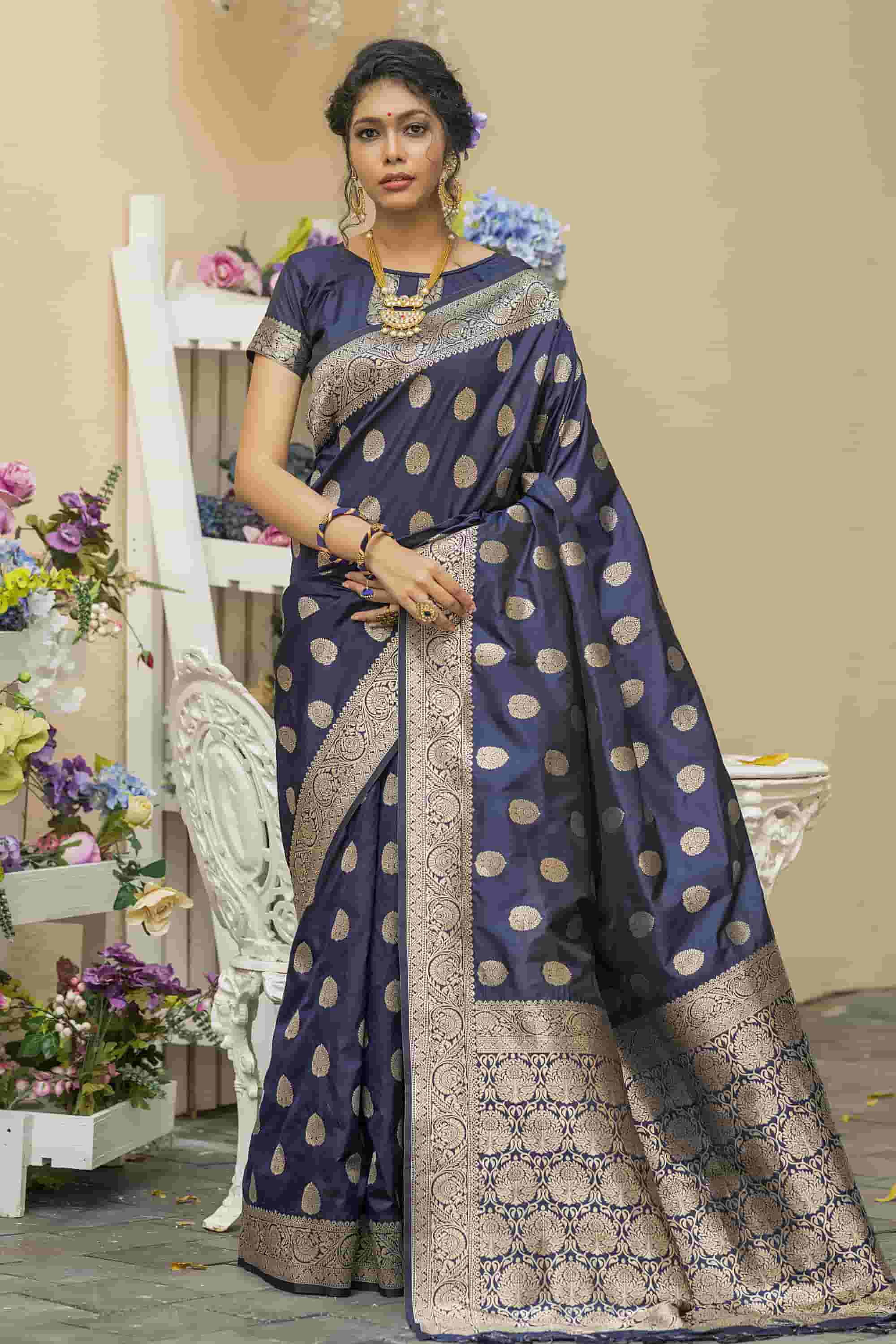 Navy Blue Banarasi Soft Silk Saree