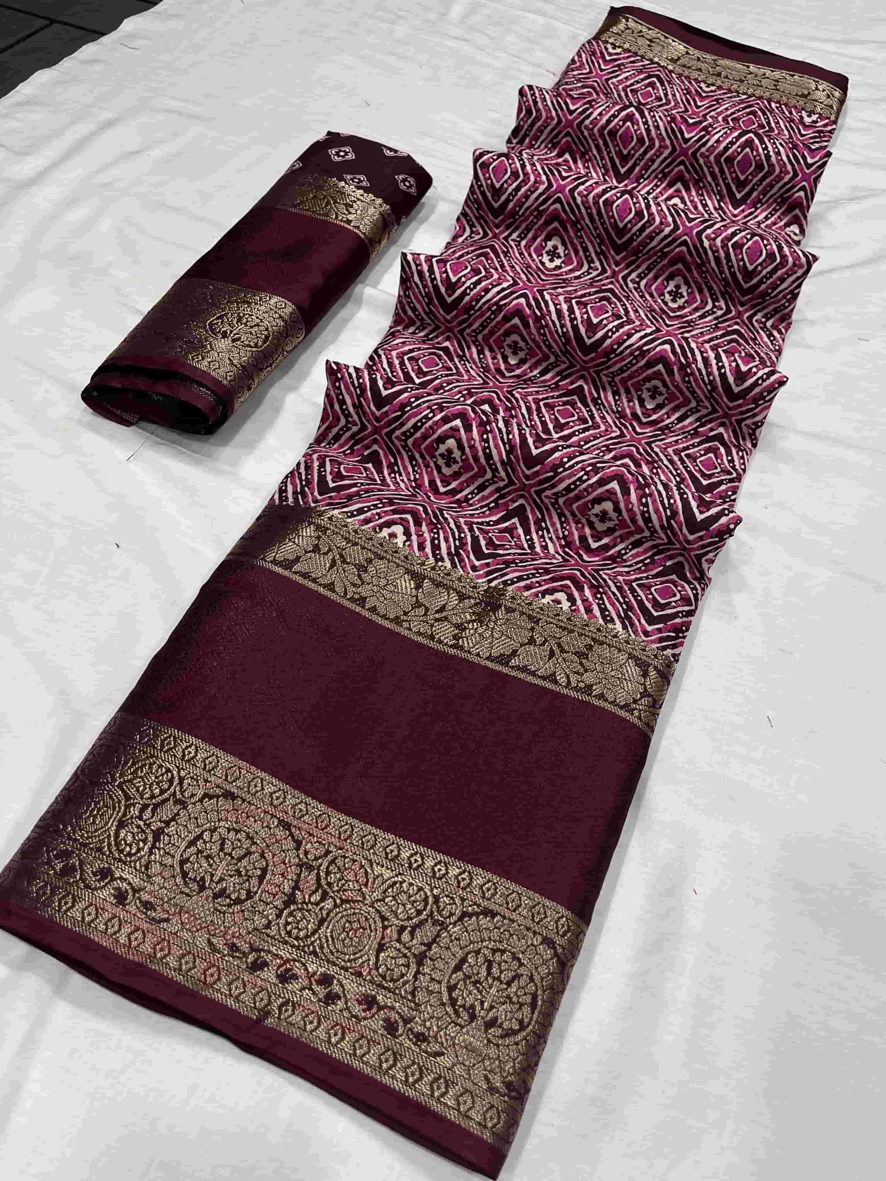 Wine Color Tussar Silk Printed  saree