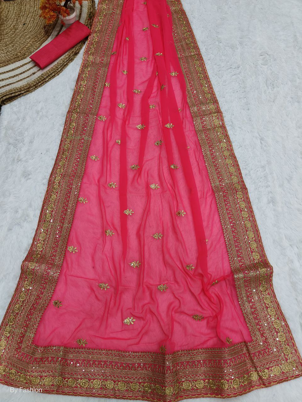 Pink Georgette Embroidery Work Saree
