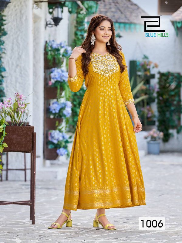 Yellow Embroidery Neck Work Gown