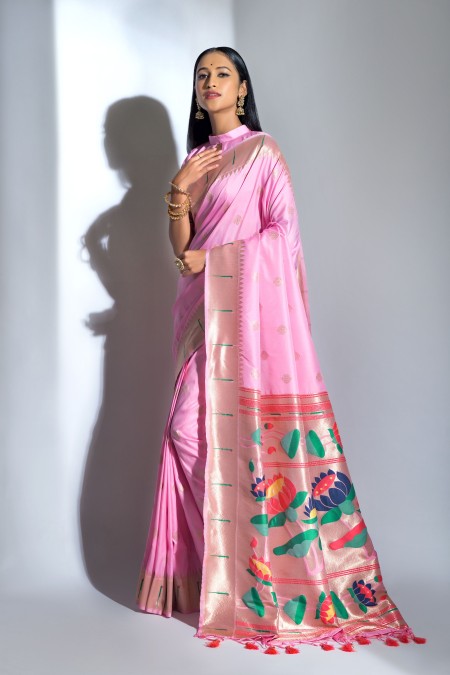 Baby pink Woven paithani Silk Saree
