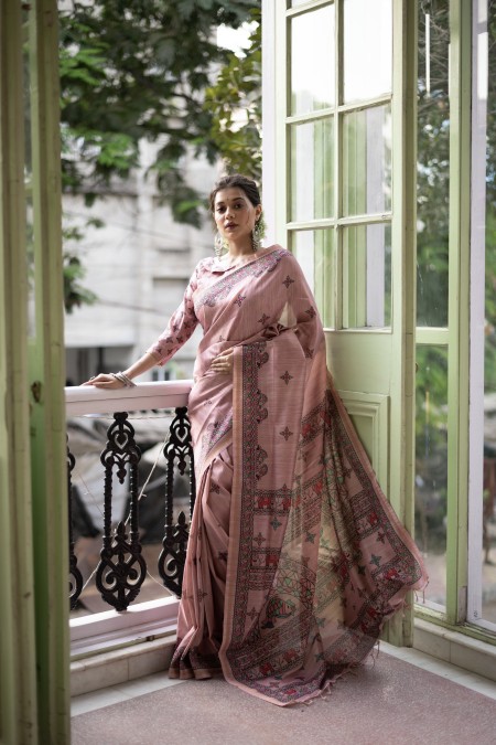 Pink Color Tussar silk Printed  saree