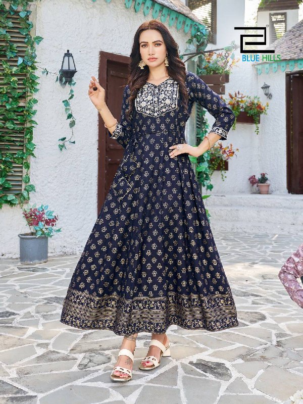 Navy Blue Embroidery Neck Work Gown