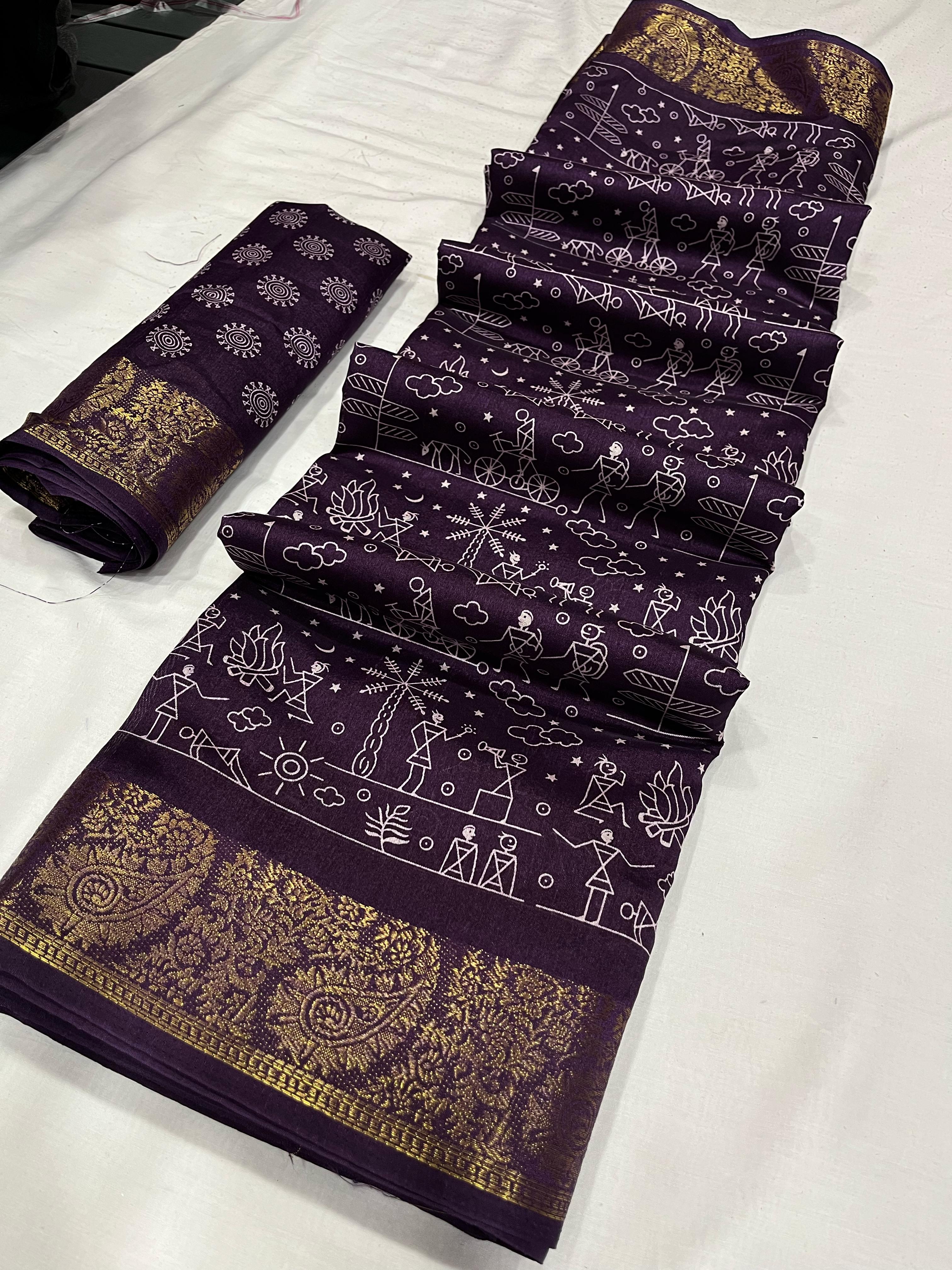Purple Tussar Silk Kalamkari Printed Saree