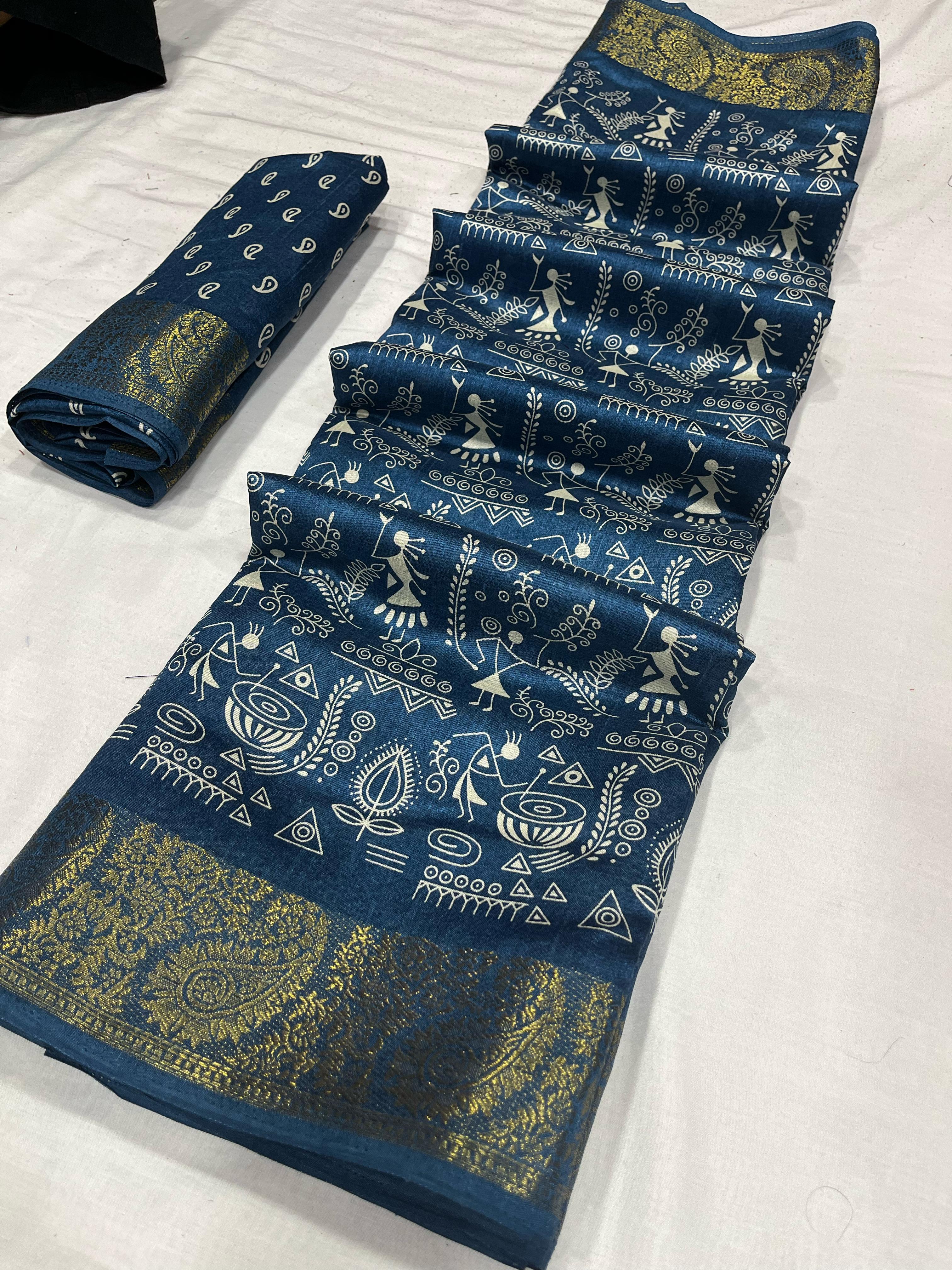 Rama Color Tussar Silk Kalamkari Printed Saree