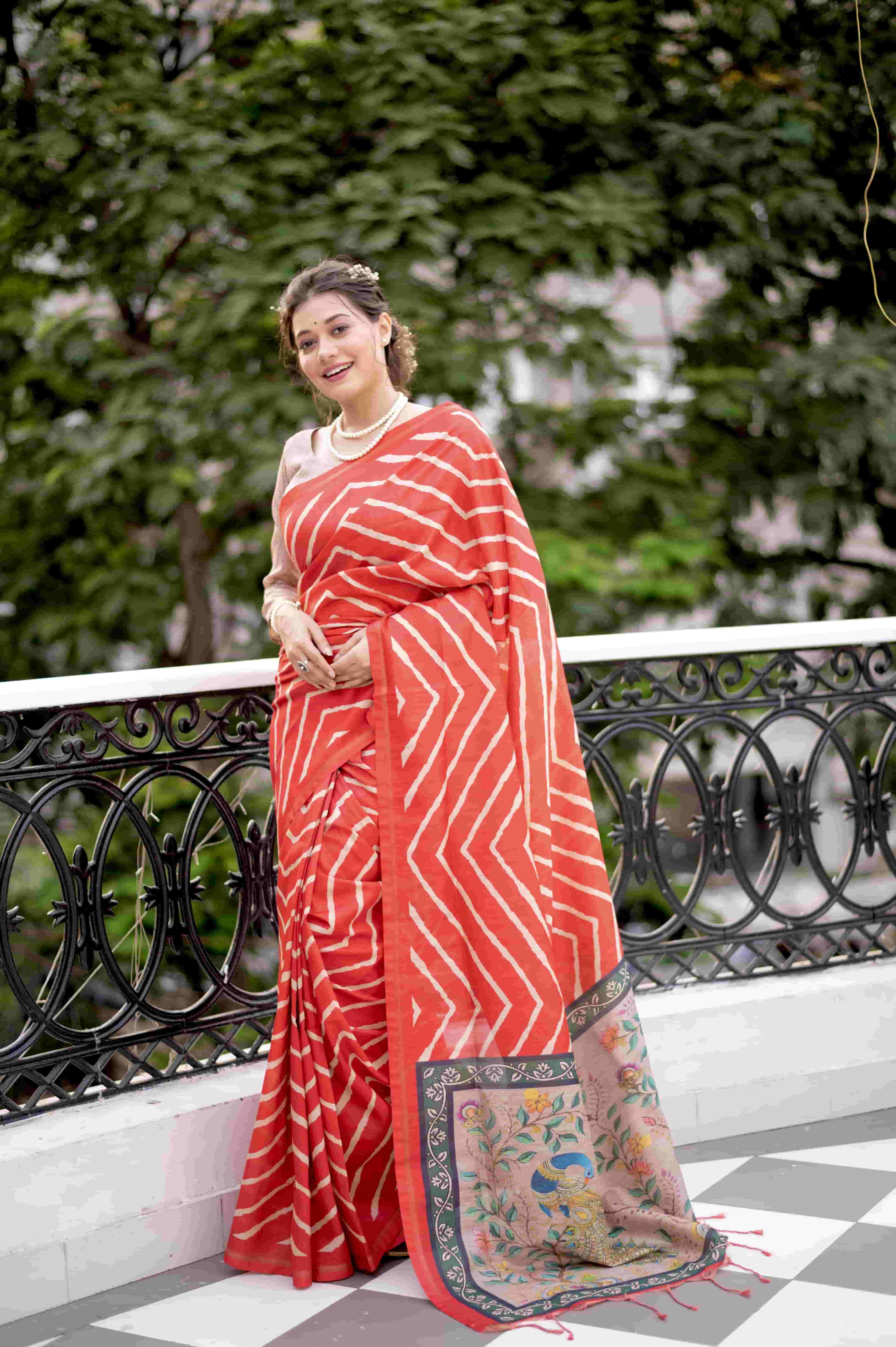 Red Tussar Leriya Saree