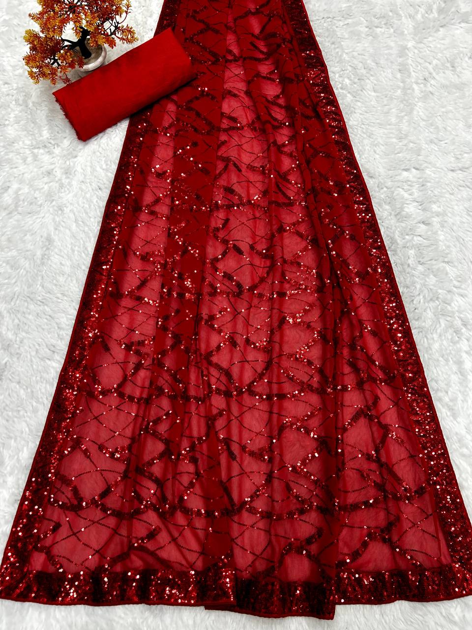 Red Georgette Sequence Work Saree
