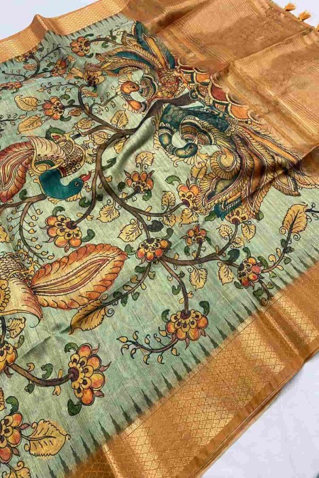 women's wear for tussar silk saree with hand printed of kalamkari design